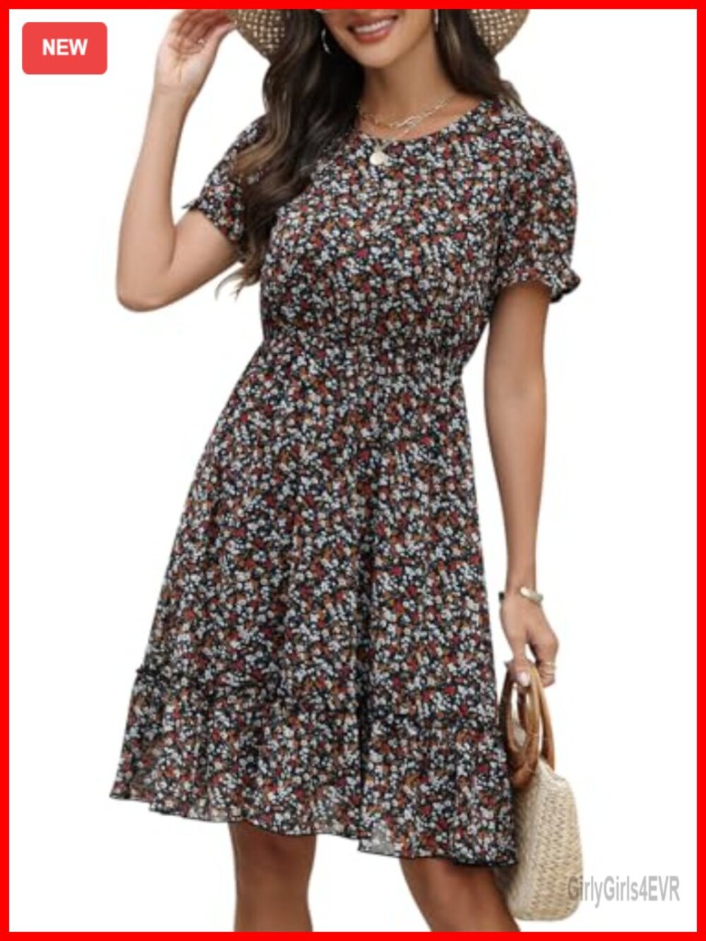 Womens Boho Floral Chiffon Summer Dress Puff Sleeve Ruffle Knee Length